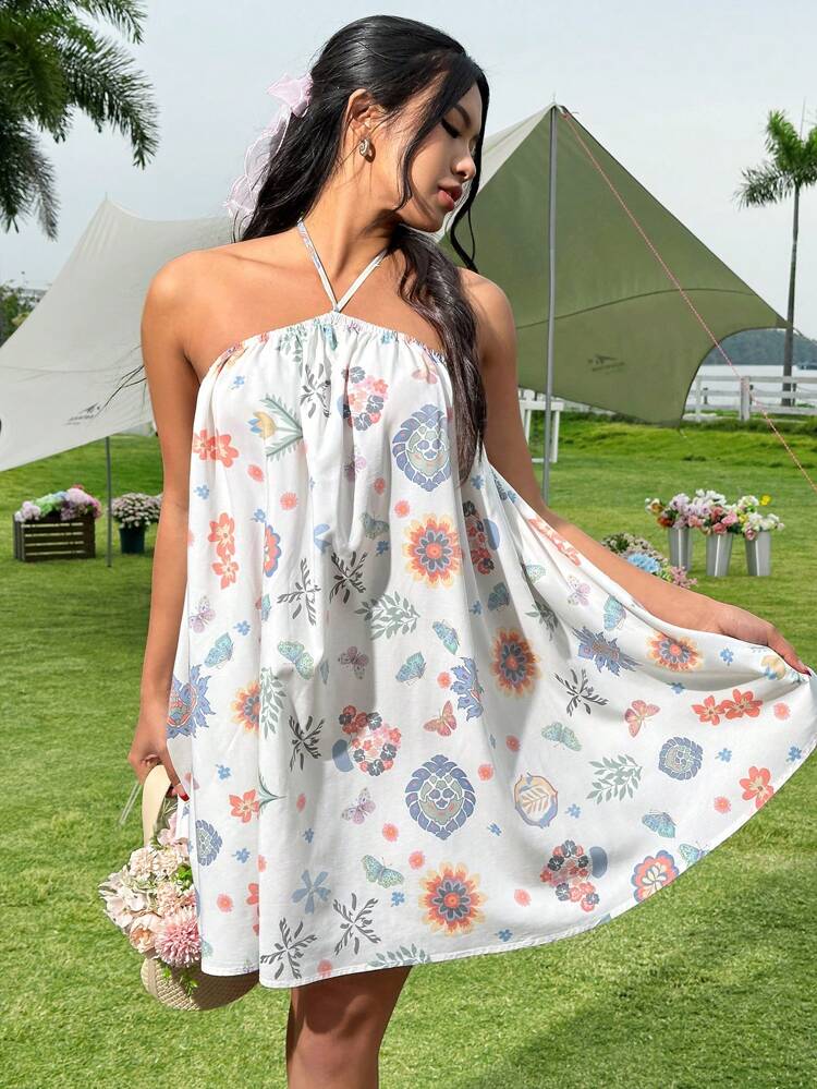 Floral Print Halter Backless Loose Dress