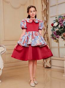 SHEIN Tween Girls' Floral Print Dress With Fitted Waist, Puff Sleeves And Peter Pan Collar - Red - View 4