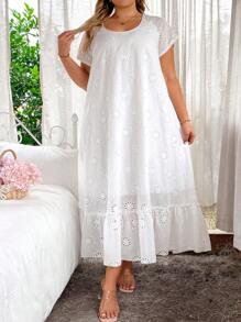 EMERY ROSE Plus Size Hollow Out Embroidery Ruffle Hem Dress Maxi Women Outfit