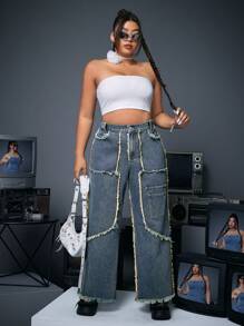 SHEIN ICON Plus Size Raw Hem Straight Leg Jeans - Blue - View 6