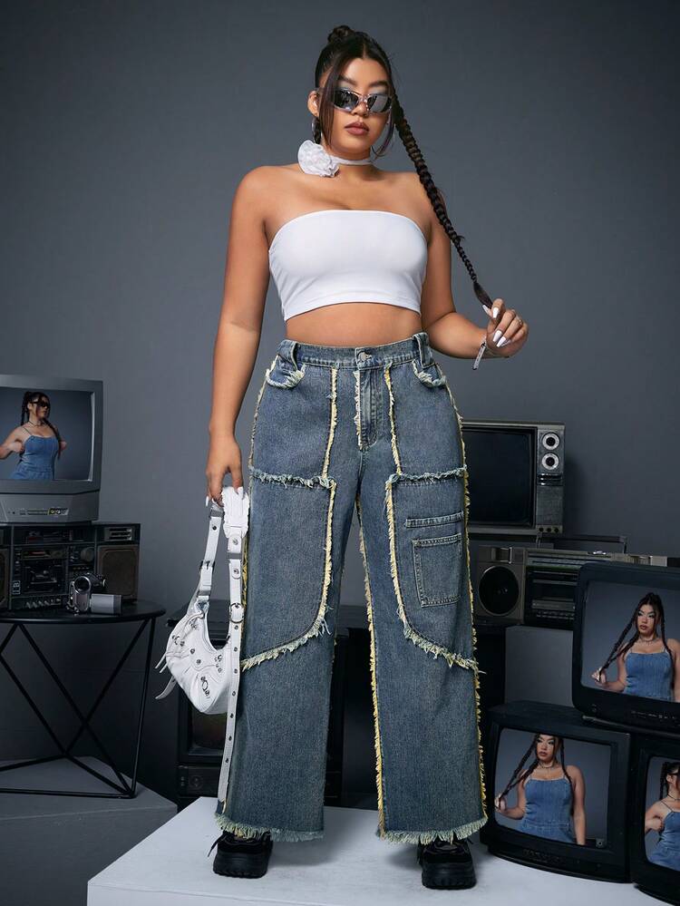 Plus Size Raw Hem Straight Leg Jeans