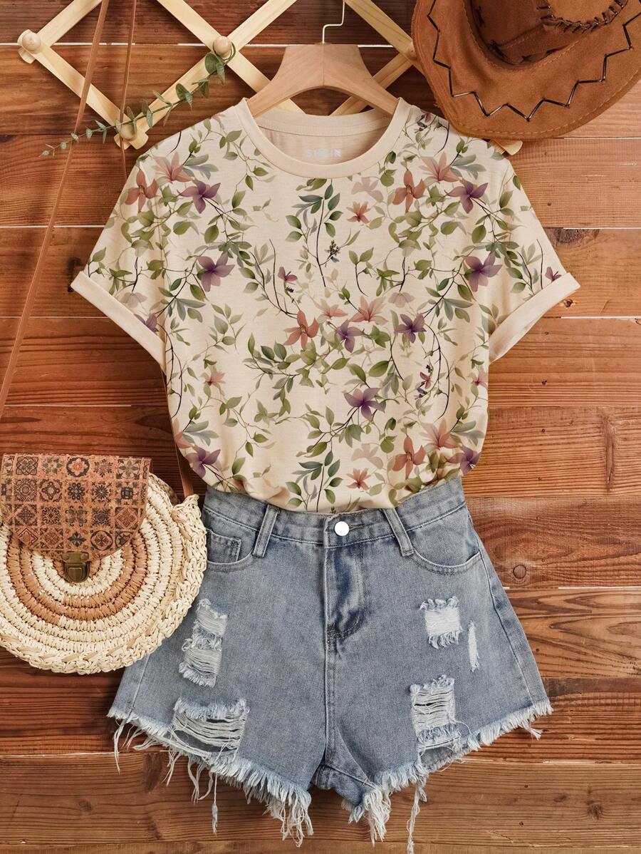 INAWLY 花卉印花短袖休闲 T 恤图案 T 恤女式上衣 - 卡其色 - 查看 1