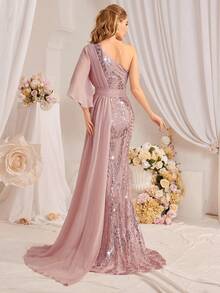 Women's Asymmetrical Neck Sequined Evening Gown Elegant Formal Prom Wedding Guest Dress, For Graduation, Dinner Party Dress - Pink - View 2