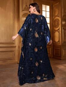 Plus Size Sequin Embroidered Batwing Sleeve Modest Dress Spring Vacation - Blue - View 2
