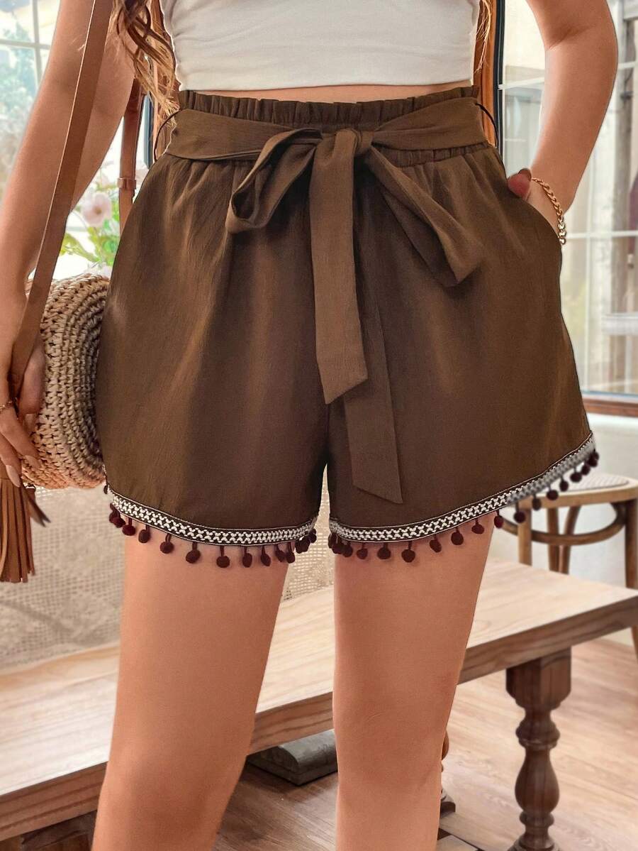 SHEIN Holidaya 大尺碼編織腰帶拼接短褲,帶流蘇邊 - 棕色 - 查看 1