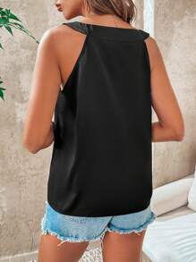 Chiquease Áo ba lỗ cổ chữ V trang trí nút trơn màu cho nữ mùa hè - màu đen - Xem 2