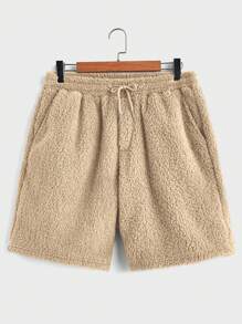 Manfinity RebelGame Men's Knitted Casual Plush Hoodie And Shorts Two Pieces Set - Khaki - View 6
