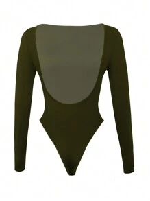INAWLY Ladies' Deep V-Neck Backless Long Sleeve Bodysuit Fall Cloth For Women - Army Green - View 5