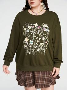 ROMWE Fairycore Women's Plus Size Botanical Flower Print Green Sweatshirt