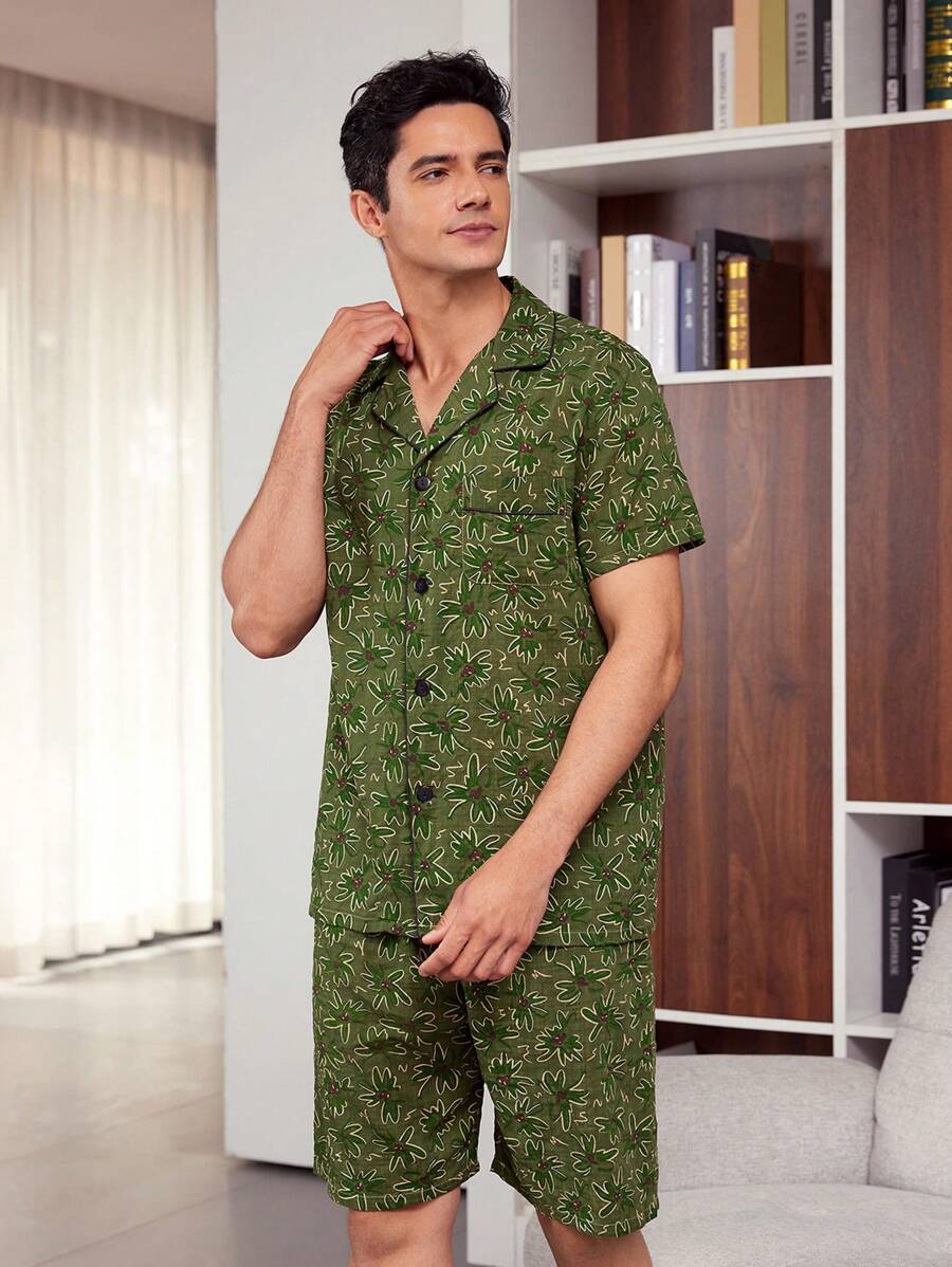 男士全印花睡衣套裝 - 墨綠色 - 查看 1