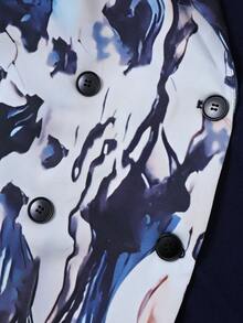 Mulvari Plus Size Marble Print Patchwork Jacket And Solid Color Pants Suit - Navy Blue - View 6