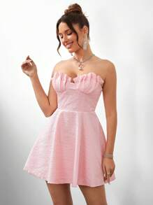 SHEIN Belle Women's Romantic And Beautiful Off-The-Shoulder Pink Jacquard Fabric Chiffon Strapless Dress With Shell Chest Design And A-Line Dress For Suitable For Music Festival Graduation Season Formal Cocktail Dress - Pink - View 6