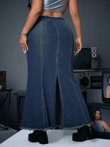 SHEIN ICON 大尺碼女性人魚裙擺丹寧中長裙 - 藍色 - 查看 2