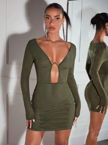 SHEIN BAE /Trang phục lễ hội âm nhạc có gọng màu xanh ô liu Cut-Out Trang phục lễ hội âm nhạc phía trước và giữa Trang phục lễ hội tốt nghiệp Trang phục buổi hòa nhạc Váy mini dài tay cổ chữ V sâu - xanh quân đội - Xem 3