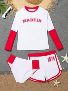 Tween Girls' Contrast Letter Print Tankini Set - Multicolor - View 1