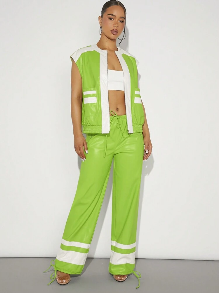 Colorblock PU Leather Zip Up Vest