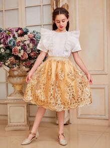 SHEIN Tween Girl Elegant Organza Ruffle Trim Blouse & Embroidered Mesh A-Line Skirt Two Pieces Set - Gold - View 4