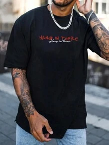 Manfinity Roghcode 男士口号与人物图案落肩短袖 T 恤，街头服饰，男朋友礼物，适合外出 - 黑色 - 查看 6