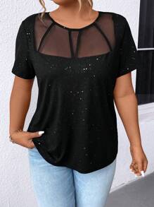 SHEIN Clasi 加大尺碼女士閃爍網片拼接t恤 - 黑色 - 查看 3