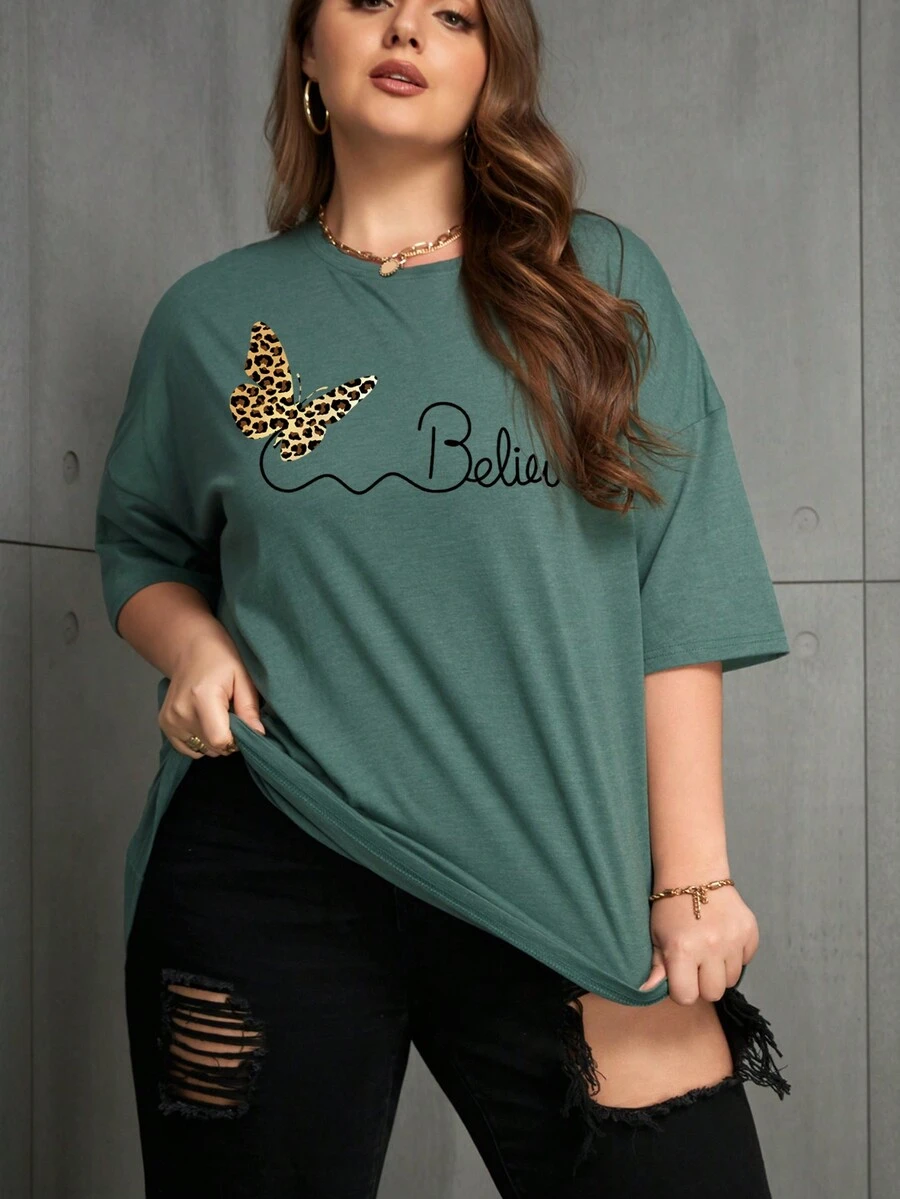 SHEIN LUNE Plus Size Butterfly And Letter Printed Short Sleeve T-Shirt - Dark Green - View 1