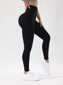 SHEIN Sports Seamless High Elasticity Solid Color Sport Leggings With Widened Waistband Yoga Women Pants
