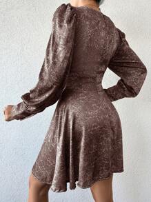 EURMUSE Women's All-Over Printed Waist Cut-Out Puff Long Sleeve Dress - Mocha Brown - View 2
