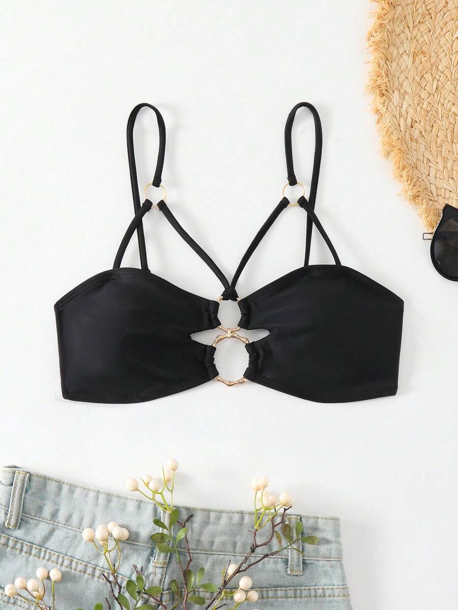 SHEIN Swim Summer Ladies' Hollow Out Halter Bikini Top - Black - View 1