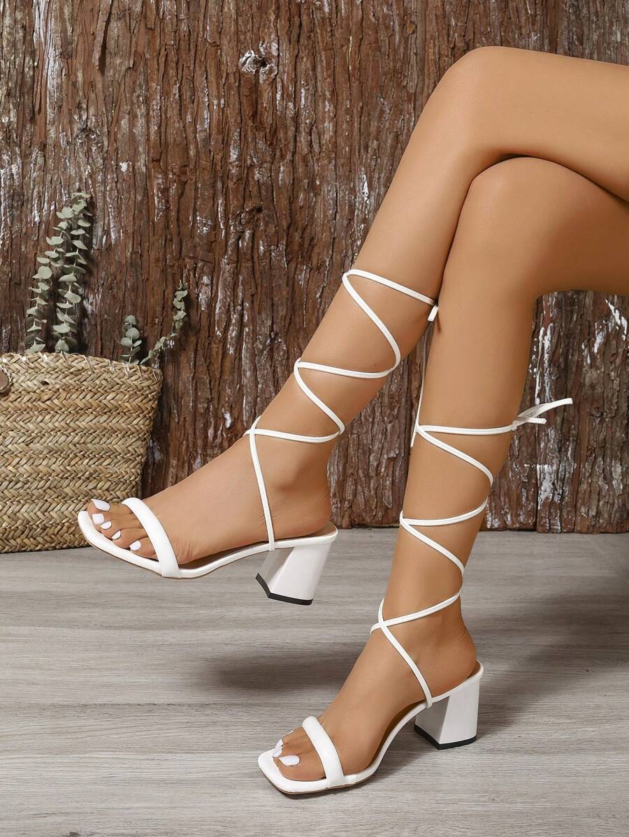 大码女士高跟凉鞋，白色绑带高跟凉鞋，性感绑带夏季鞋，适合婚礼、派对等场合，大码高跟鞋
