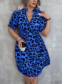 Celure Kích thước lớn Của phụ nữ In hoa Báo Chải Cổ chữ V Eo Kẹp chặt Ngắn tay Đầm - Xanh đậm - Xem 3