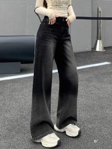 DAZY 女性漸變寬腿牛仔褲 - 黑色 - 查看 3