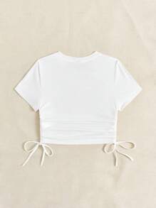 Soleia 白色休閒簡約風格圓領短袖女士t恤,帶有棕櫚樹和字母印花,緊身款式和側邊套繩,非常適合度假 - 白色 - 查看 2