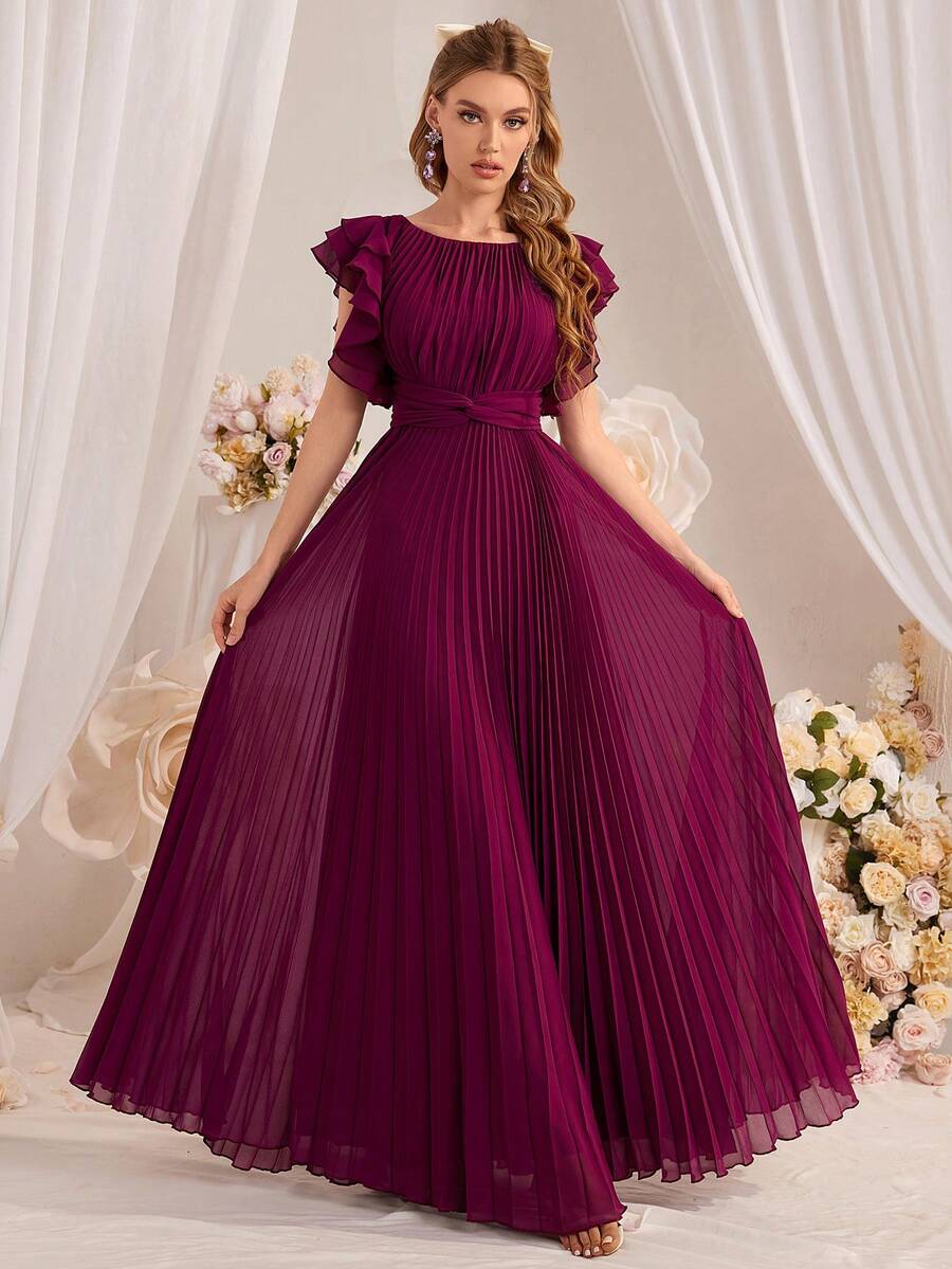 Plain Round Neck Ruffle Trim Pleated Bridesmaid Dress - Hot Pink - View 1