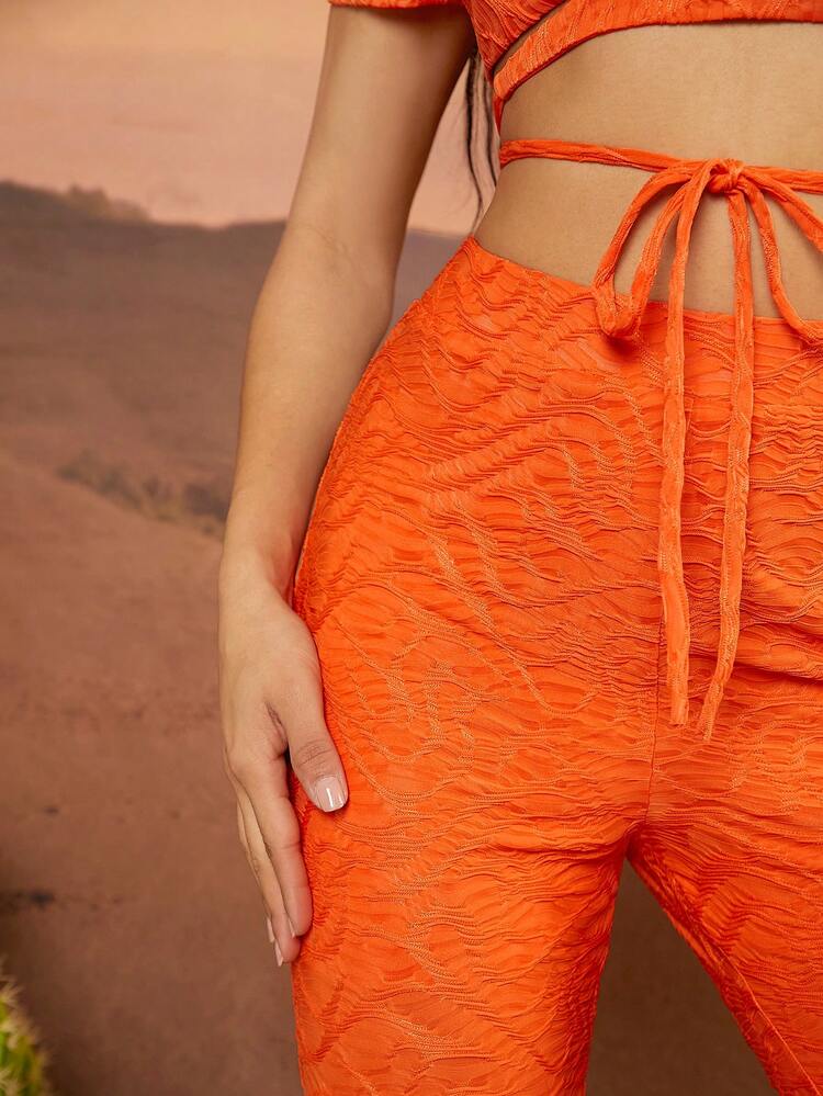 Wrap Tie Top & Flare Leg Pants Two Pieces Set