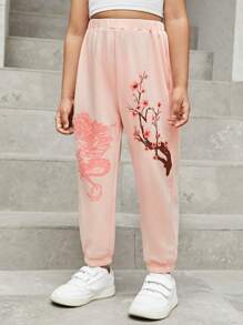 SHEIN Young Girls' Cool Street Style Flower & Dragon Print Jogger Sweatpants With Elastic Cuffs