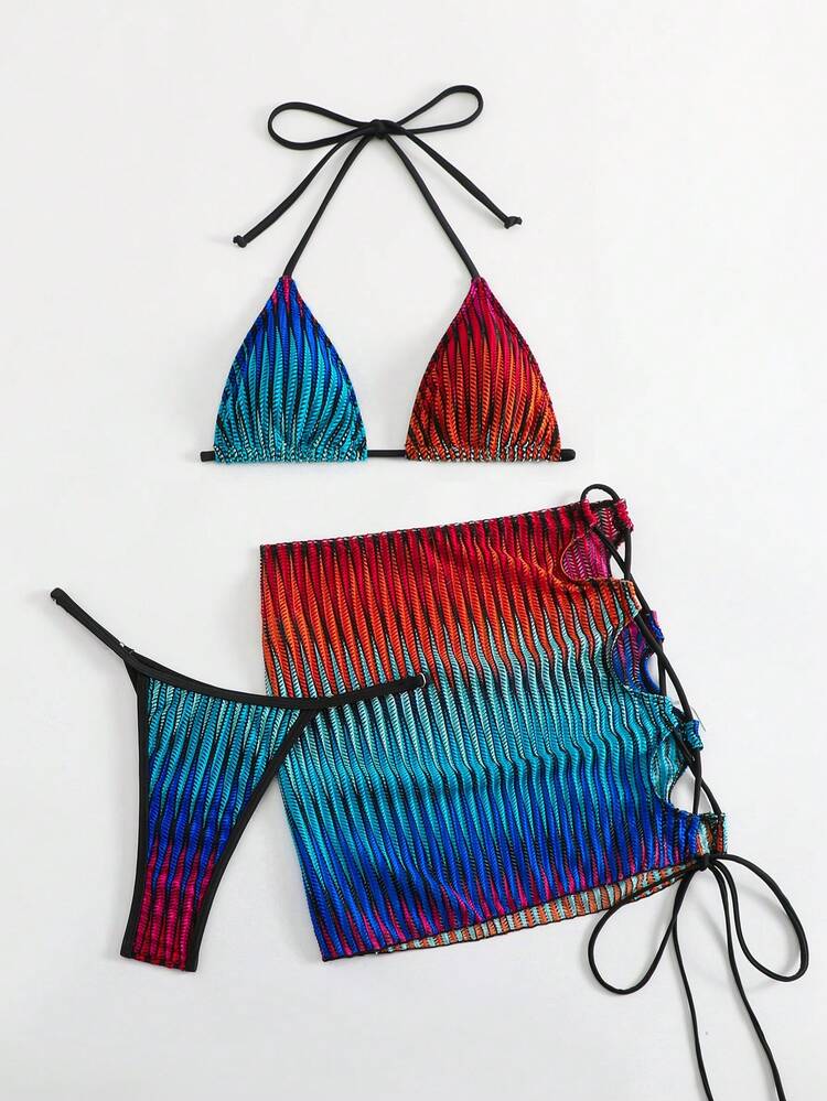 Color Blocking Halter Neck Bikini Set With Separated Swimwear Bottom Summer