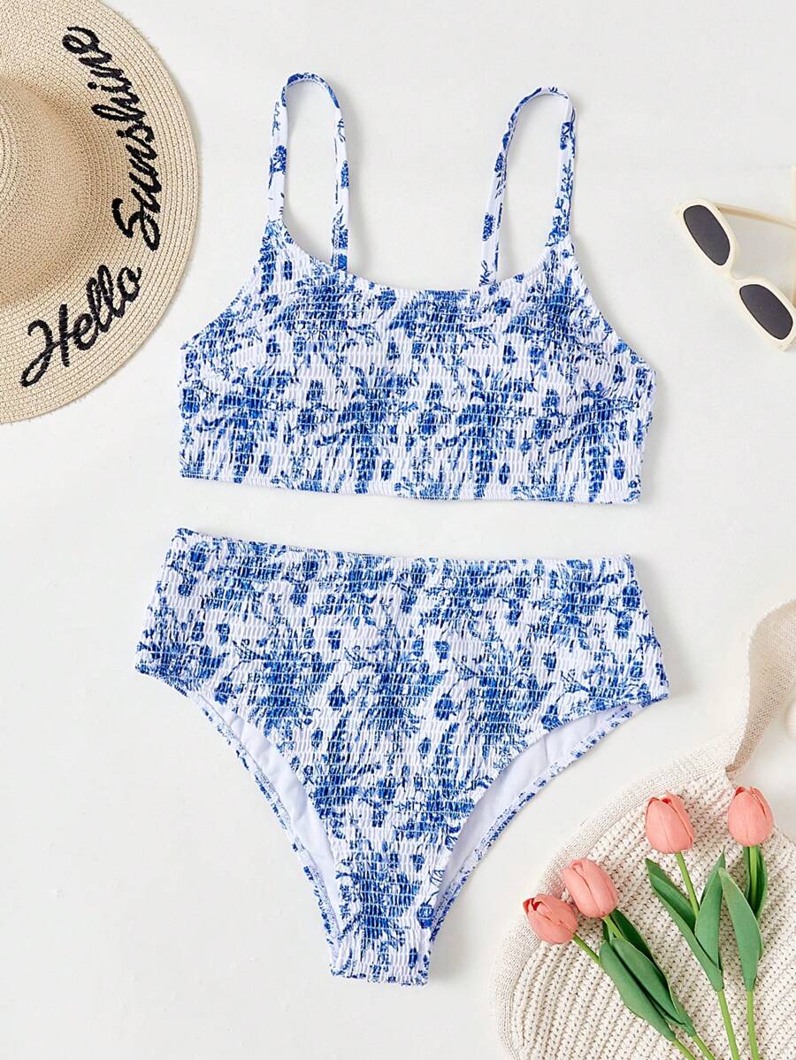 Swim Mod Summer Beach Plus Size Floral Print Padded Bust Bikini Set - Blue - View 1