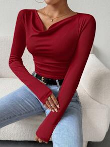 Chiquease Solid Color V-Neck Slim Fit Long Sleeve T-Shirt