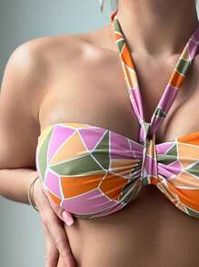 SHEIN Swim Conjunto de bikini de cuello halter con estampado geométrico de bloques de color para el verano - Multicolor - Ver 4
