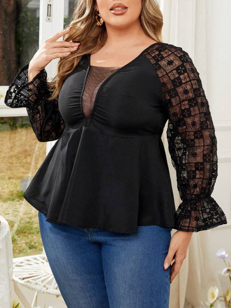 Plus Size Embroidered Mesh Splicing Ruffle Sleeve Shirt