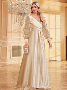 XUIBOL 串珠拼接缎面 V 领荷叶边下摆优雅正式晚礼服女士（大量装饰）长袖舞会婚礼宾客礼服，适合毕业典礼、晚宴 - 香檳色 - 查看 4