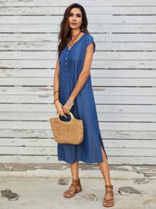 EMERY ROSE Váy denim xanh cổ khoét cài nút đơn giản thường ngày mùa hè - Màu xanh lam - Xem 5