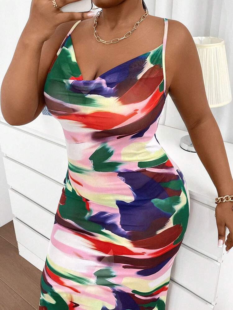 Plus Size Elastic Tie-Dye Printed Draped Collar Cami Dress