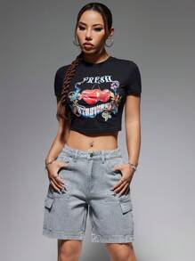 SHEIN ICON 女式貨物口袋牛仔短褲