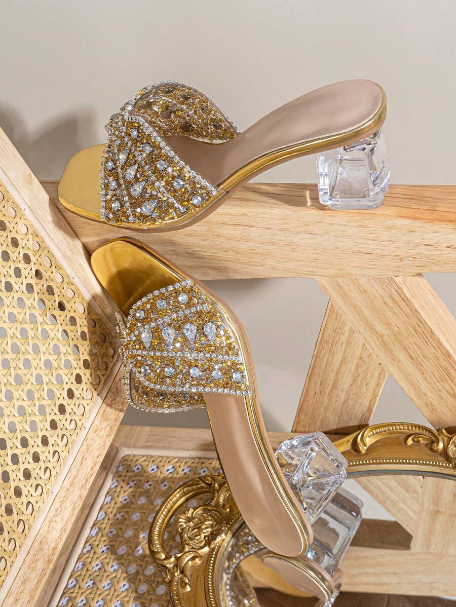 Spring/Summer Fashionable Square-Toe Crystal Heeled Glass Rhinestone Decorated Chain Women's Gold High Heel Sandals Suitable For Parties And Other Formal Occasions
