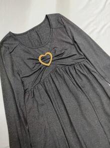 SHEIN LUNE Của phụ nữ Vòng cổ In Trái tim Đầm Với Xù Hoa Sen - Xám - Xem 4