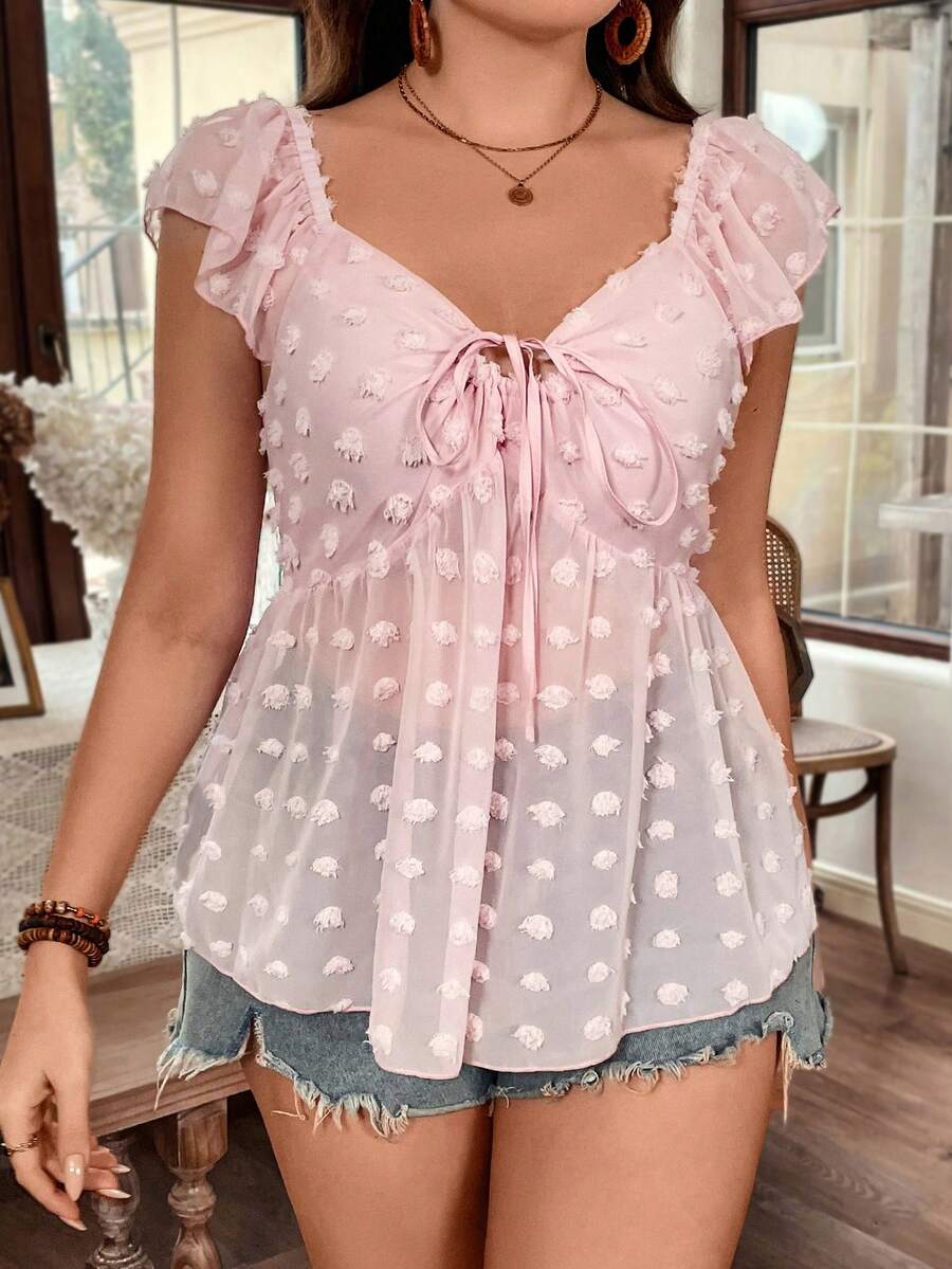 SHEIN LUNE 女式大码心形领口盖袖衬衫 - 藕粉色 - 查看 1