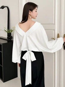 DAZY Back Bow Tie Detail Batwing Sleeve Blouse With Ruffle Hem,Fall Clothes Long Sleeve Top - White - View 2