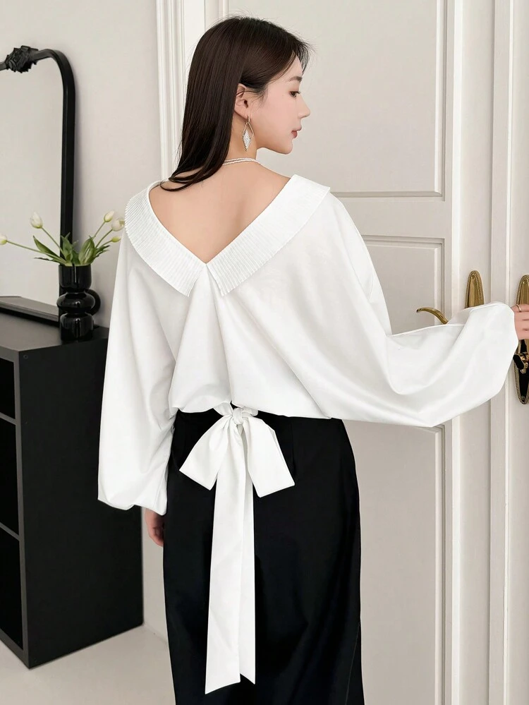 Back Bow Tie Detail Batwing Sleeve Blouse With Ruffle Hem,Fall Clothes Long Sleeve Top