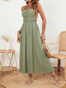 SHEIN VCAY 女士純色褶皺前面帶前綁結的肩帶連衣裙 - 綠色 - 查看 4