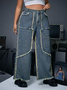 SHEIN ICON Plus Size Raw Hem Straight Leg Jeans - Blue - View 5